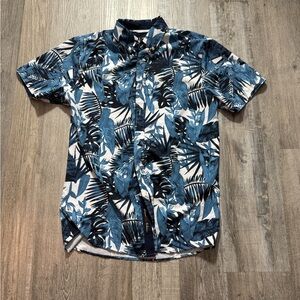 Blue and Black Casual Button Down Shirt with Tropical Print